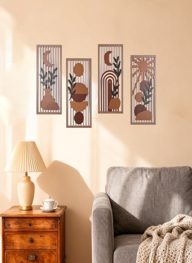 suruim Orange Boho Wall Art Set of 4, Abstract Geometric Wooden Terracotta Wall Decor, Mid-Century Modern Aesthetic Artwork with Arch, Vase & Botanical Design for Modern Home Decor for Bedroom, Office & Living Room(B) - Image 2